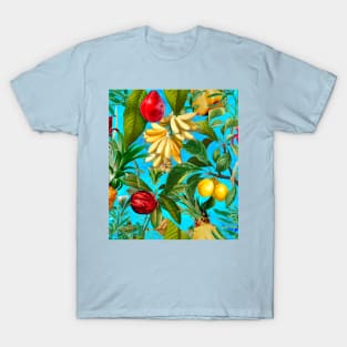 Vibrant tropical floral leaves and fruits floral illustration, botanical pattern, Aqua blue fruit pattern over a T-Shirt